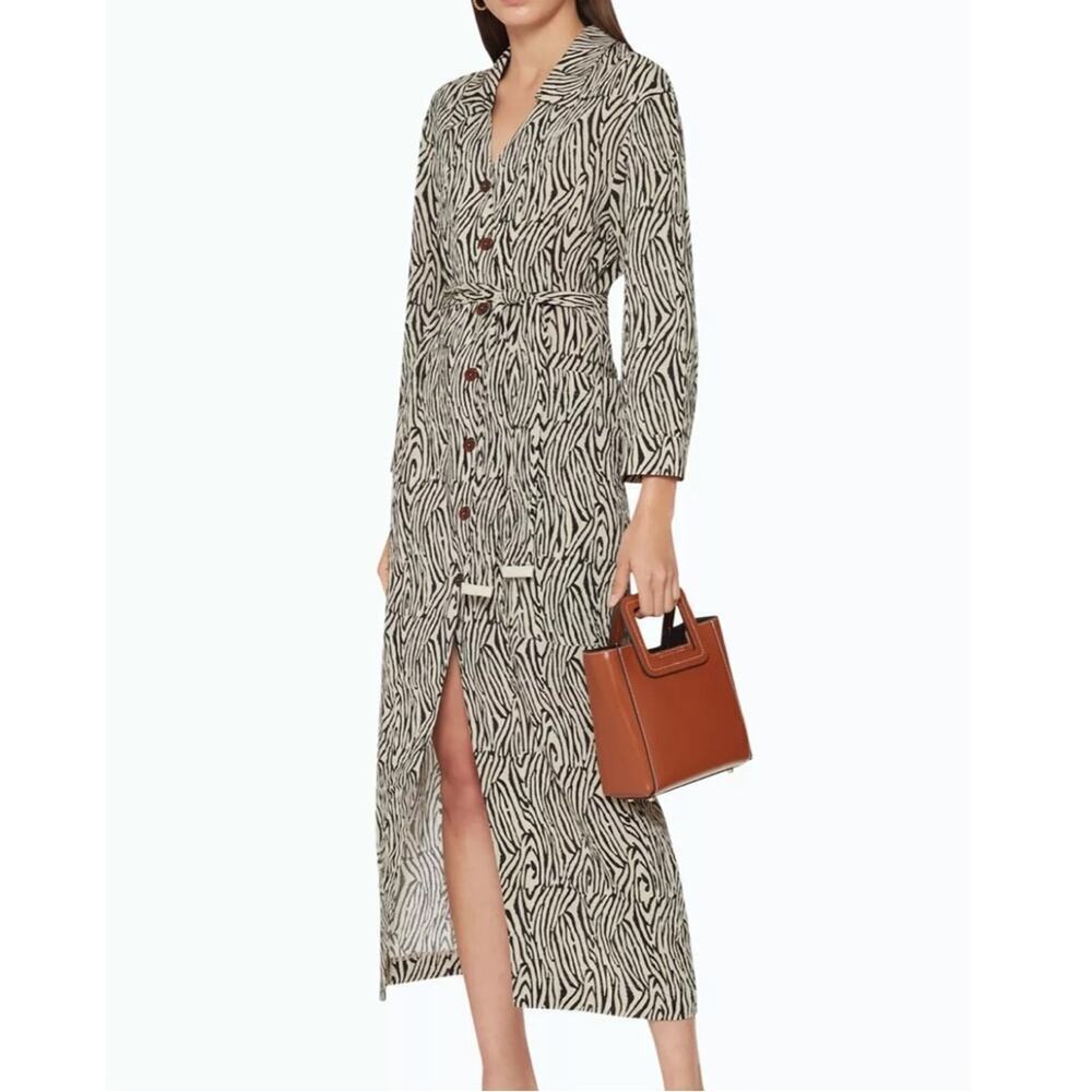 Nanushka Capri Zebra Striped Belted Shirt Dress Size Medium Black Ivory